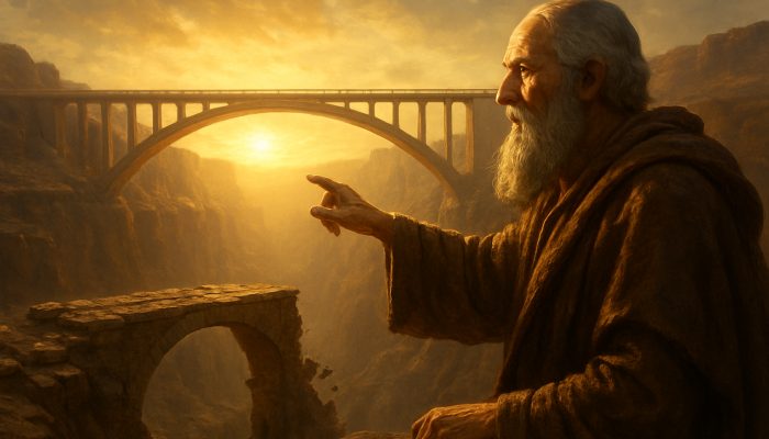 Mentor gestures to long bridge leading to sunlit future over crumbling short bridge in canyon.